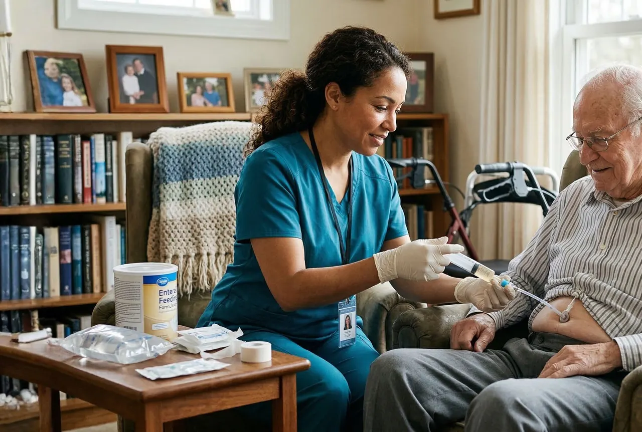 Care professional helping senior in Bay Area through tube feeding
