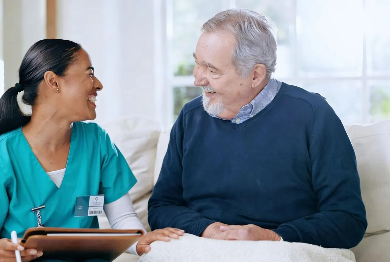 Warm photo of caregiver chatting with an elderly client from the Bay Area