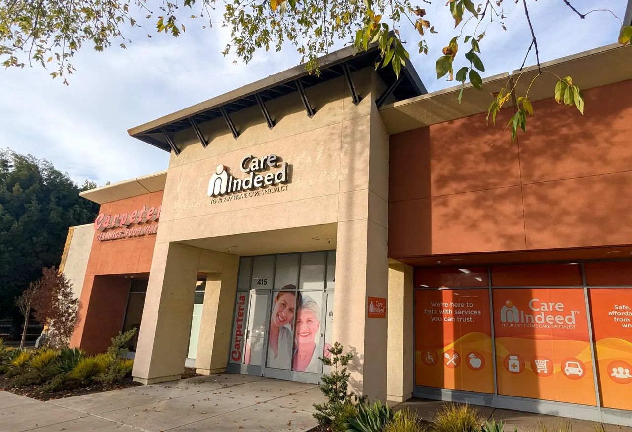 Care Indeed’s Campbell office with branding visible on the facade and welcoming signage highlighting home care services.